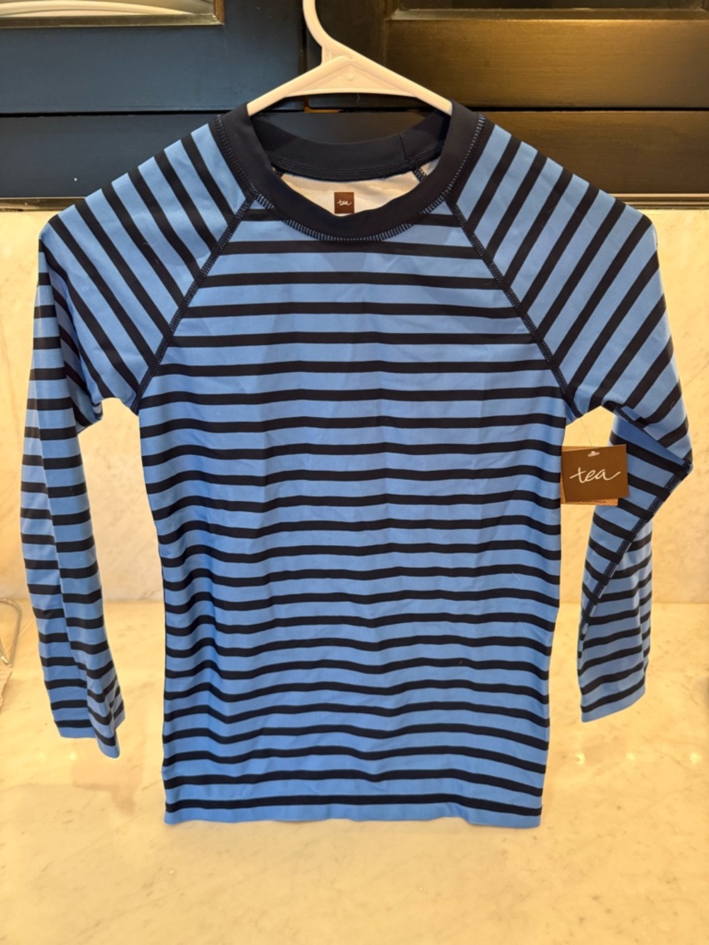 NWT Tea Collection Blue & Navy Striped Kids Rash Guard Sun Shirt SPF 40 Size 10